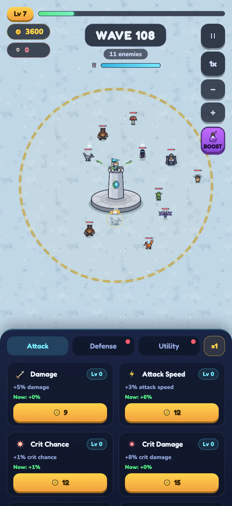 Arcalis battle screen: wave 108 on the glacier, upgrade panel open