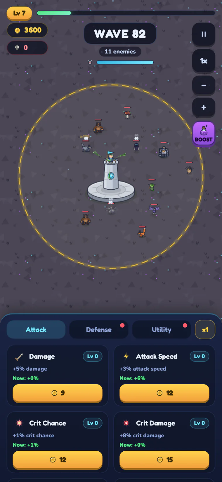 Arcalis battle screen: wave 82 in the cavern