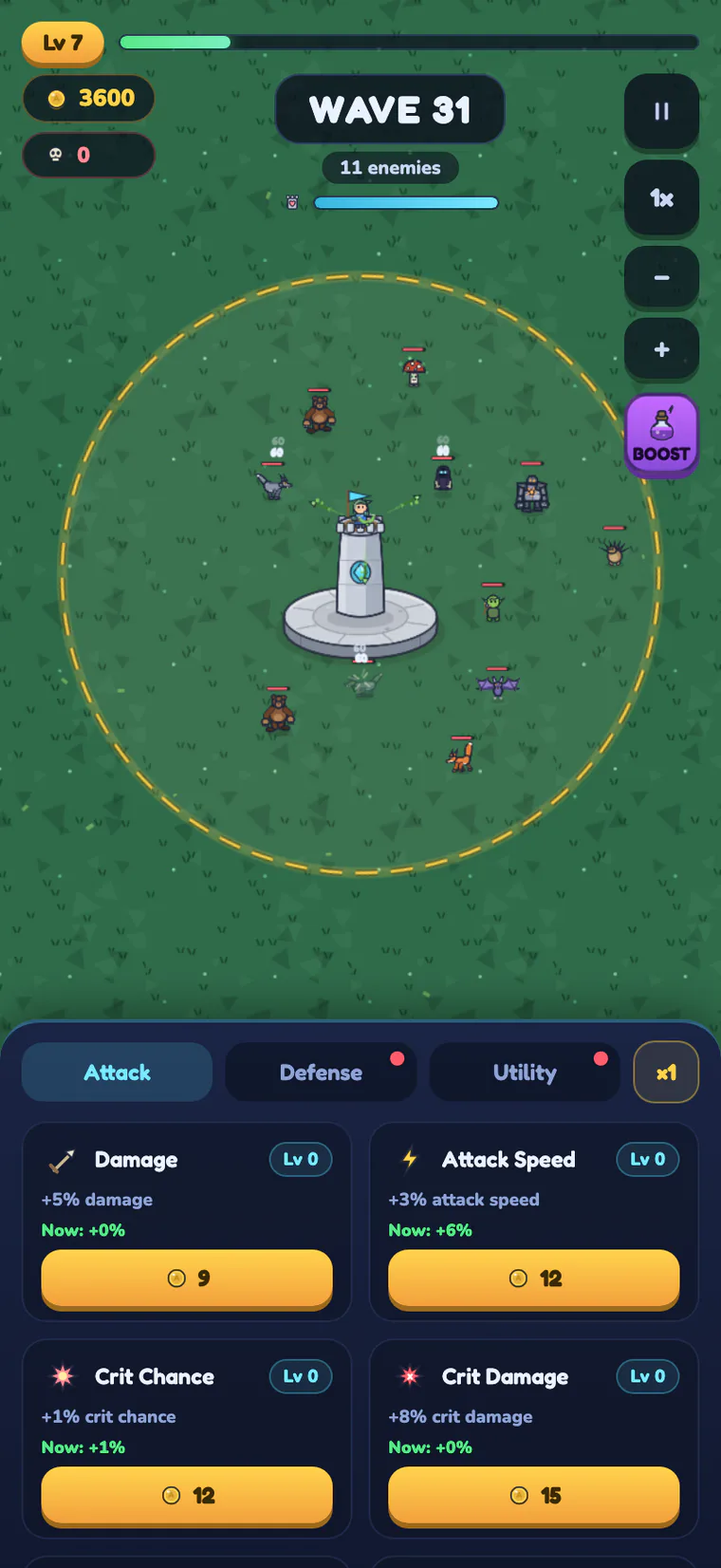 Arcalis battle screen: wave 31 in the forest, upgrade panel below