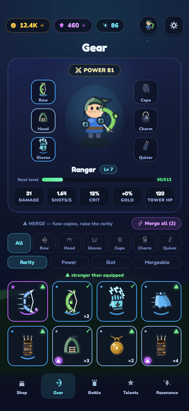 Gear screen: six slots, items and merging