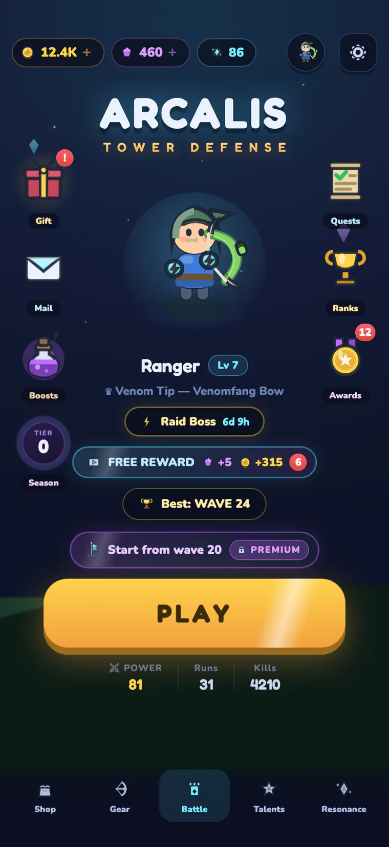 Arcalis home screen: archer, event and play button